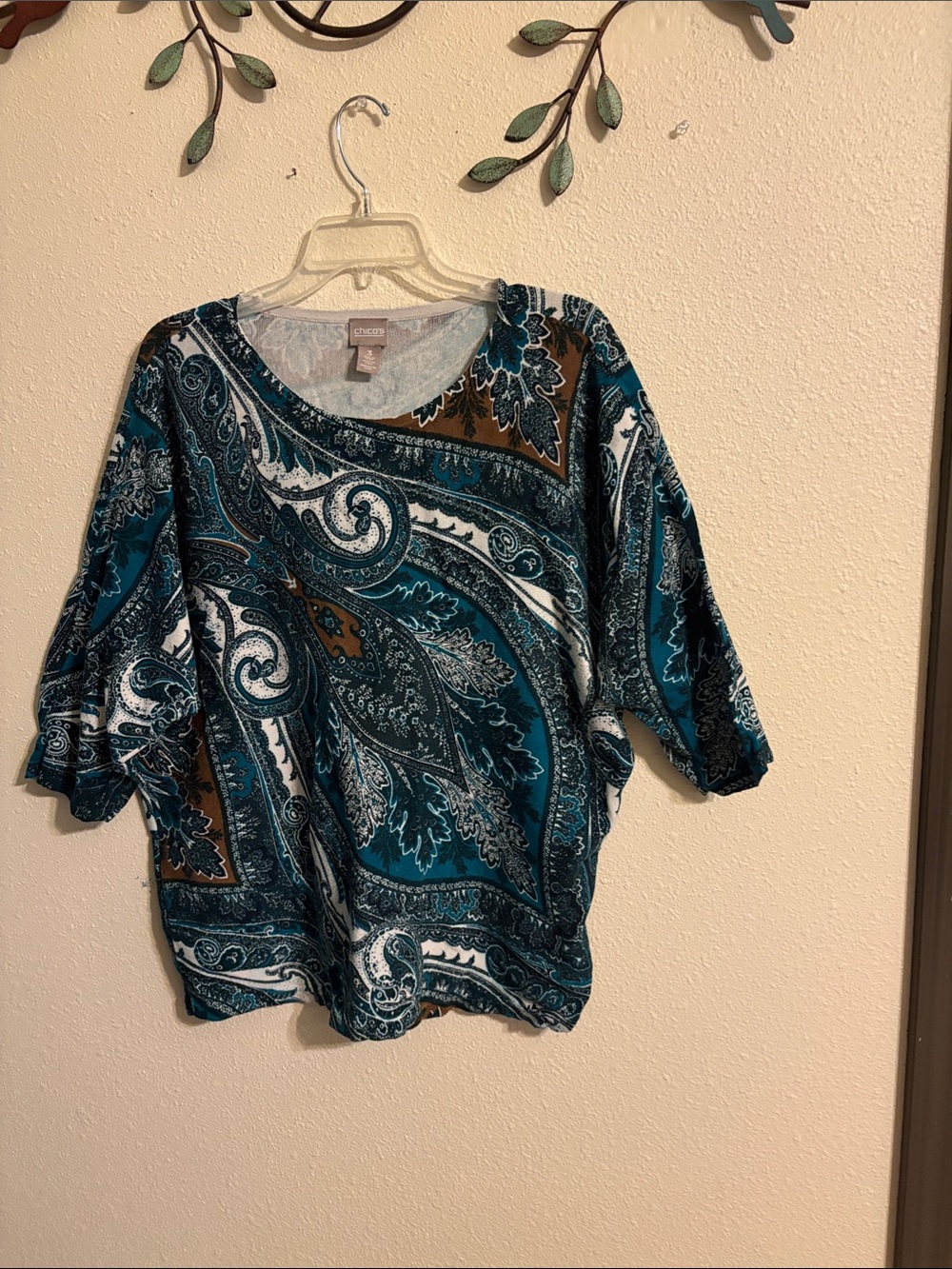 Chico's Teal White Brown Paisley Scoop Neck Sweater